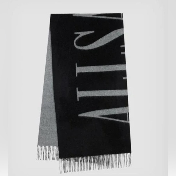 NWT ALLSAINT Dual 100% Wool Scarf in Grey/Black - Picture 1 of 9